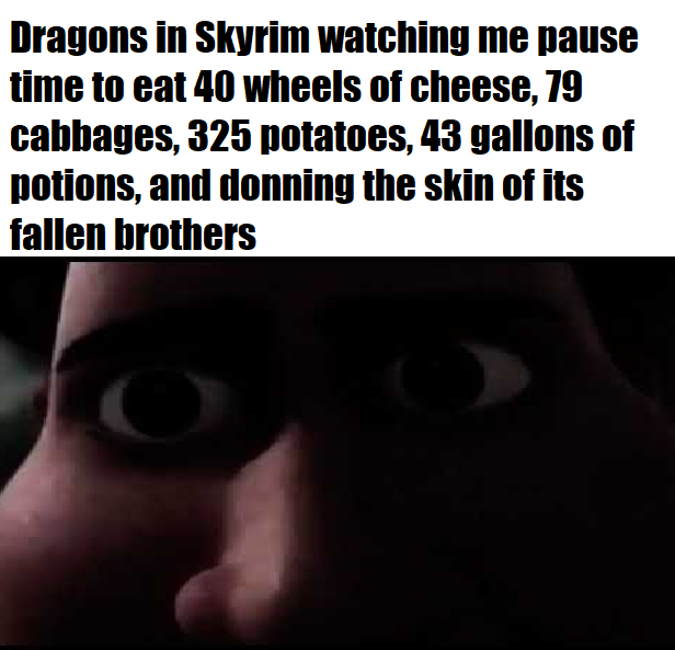 funny memes - dank memes - photo caption - Dragons in Skyrim watching me pause time to eat 40 wheels of cheese, 79 cabbages, 325 potatoes, 43 gallons of potions, and donning the skin of its fallen brothers