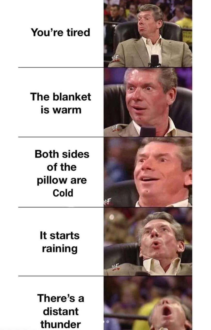 funny memes - dank memes - meme template wow - You're tired The blanket is warm Both sides of the pillow are Cold It starts raining There's a distant thunder