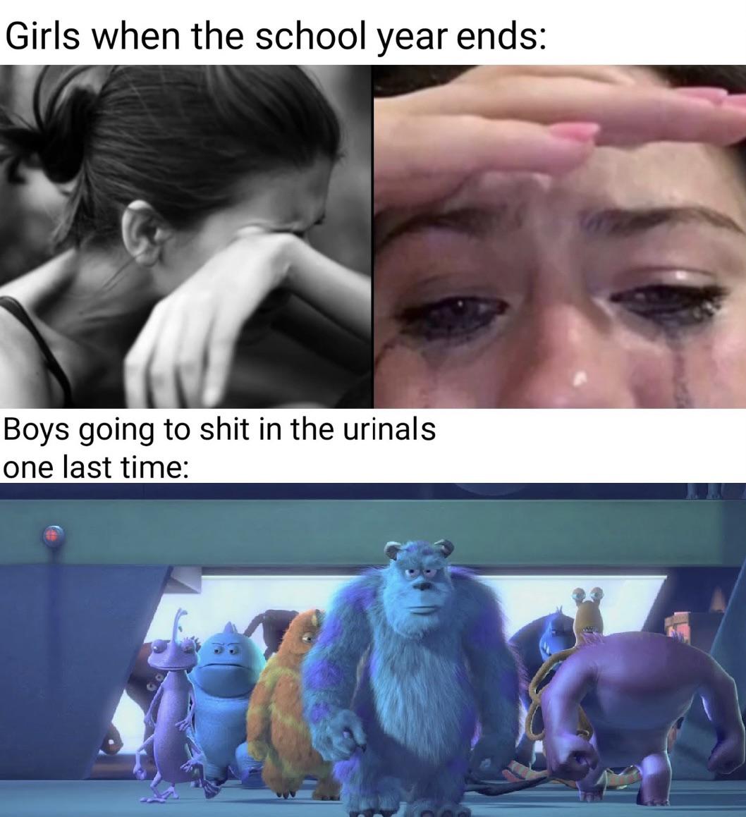 funny memes - dank memes - ice age baby me and the boys - Girls when the school year ends Boys going to shit in the urinals one last time
