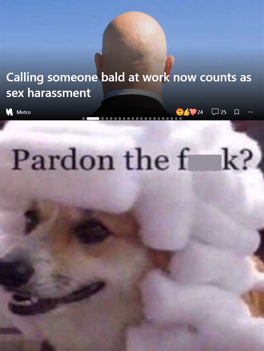 dank memes - dog - Calling someone bald at work now counts as sex harassment Metro Pardon the f k?