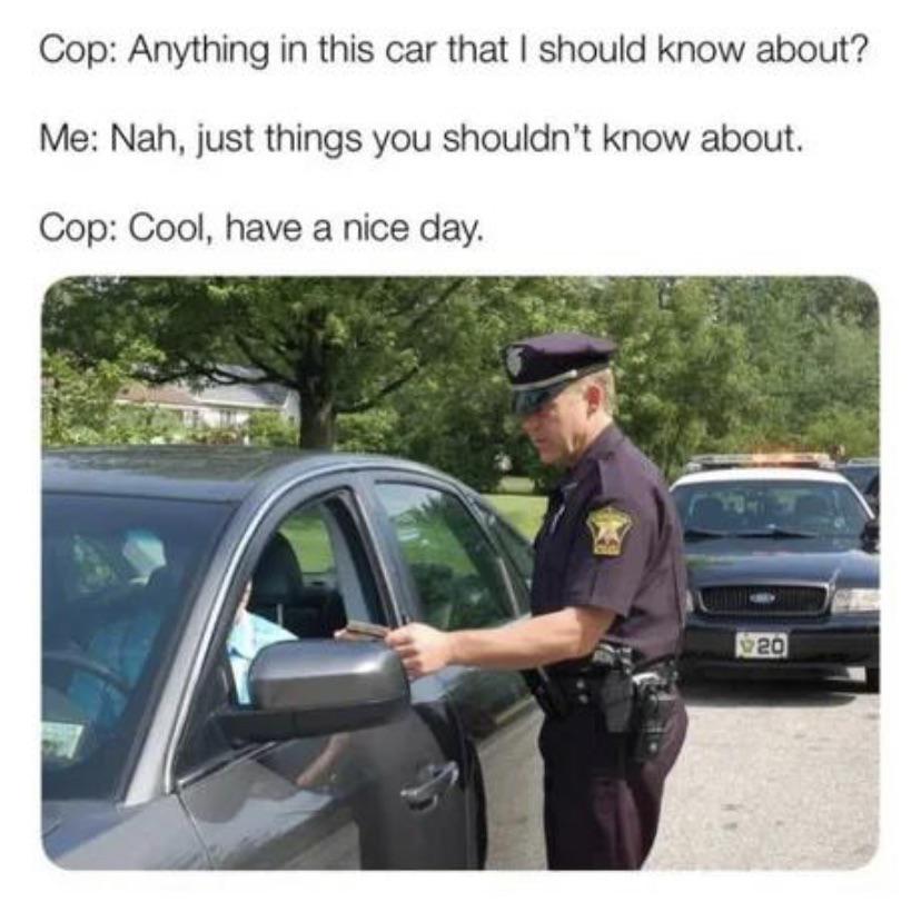 dank memes - police pull over - Cop Anything in this car that I should know about? Me Nah, just things you shouldn't know about. Cop Cool, have a nice day. 20