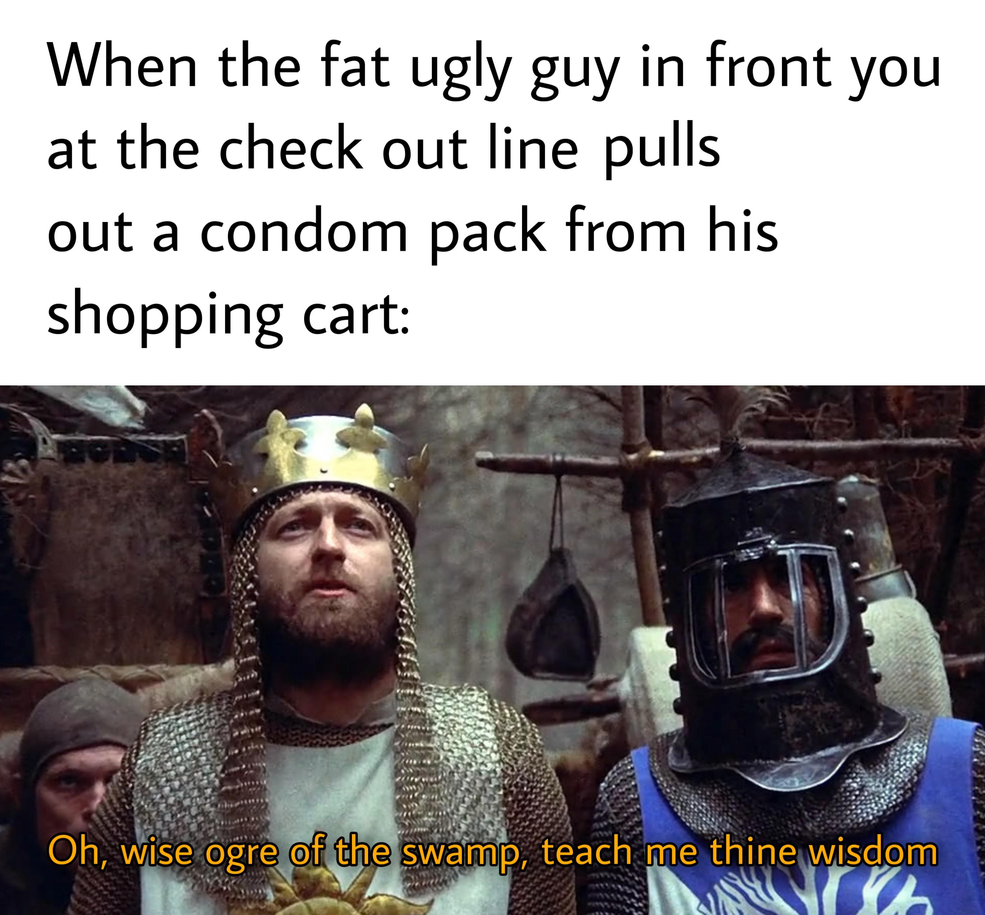 dank memes - monty python and the holy grail arthur - When the fat ugly guy in front you at the check out line pulls out a condom pack from his shopping cart Www Oh, wise ogre of the swamp, teach me thine wisdom Ta