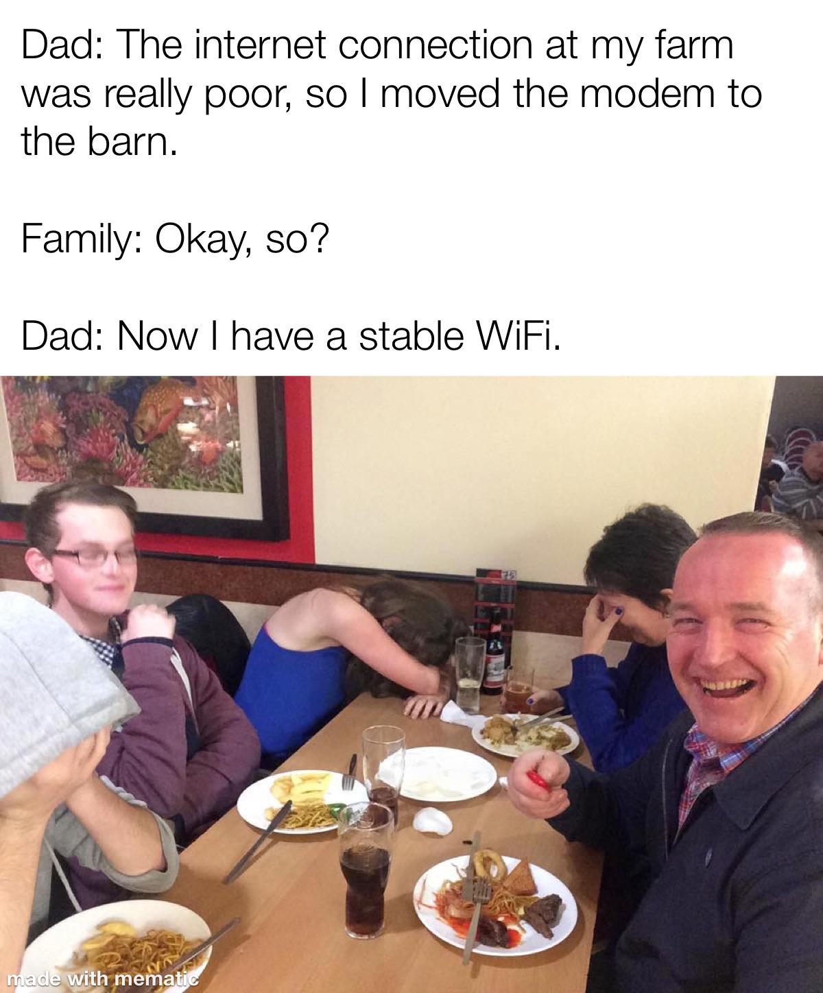 dank memes - erectile dysfunction memes - Dad The internet connection at my farm was really poor, so I moved the modem to the barn. Family Okay, so? Dad Now I have a stable WiFi. made with mematic