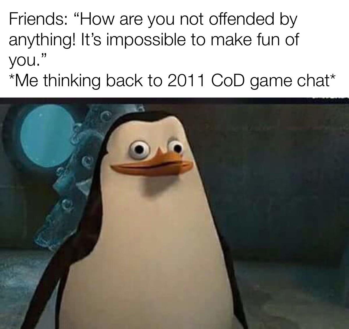 dank memes - madagascar pingouin meme - Friends "How are you not offended by anything! It's impossible to make fun of you." Me thinking back to 2011 CoD game chat