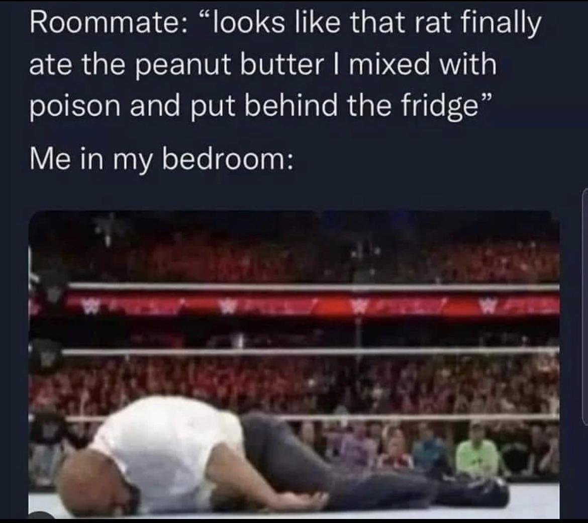 dank memes - mom leaves out poison bread for the rat meme - Roommate "looks that rat finally ate the peanut butter I mixed with poison and put behind the fridge" Me in my bedroom