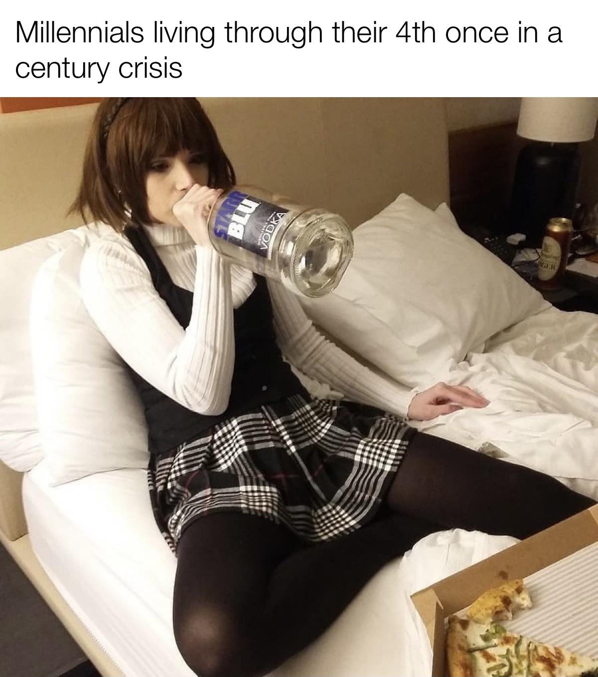dank memes - makoto cosplay drinking vodka - Millennials living through their 4th once in a century crisis Er Blu Vodka
