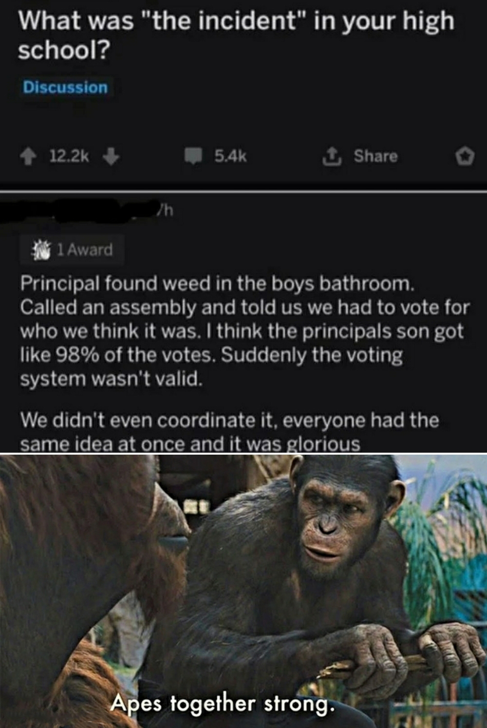 dank memes  - apes together strong meme - What was "the incident" in your high school? Discussion 1 Award Principal found weed in the boys bathroom. Called an assembly and told us we had to vote for who we think it was. I think the principals son got 98% 