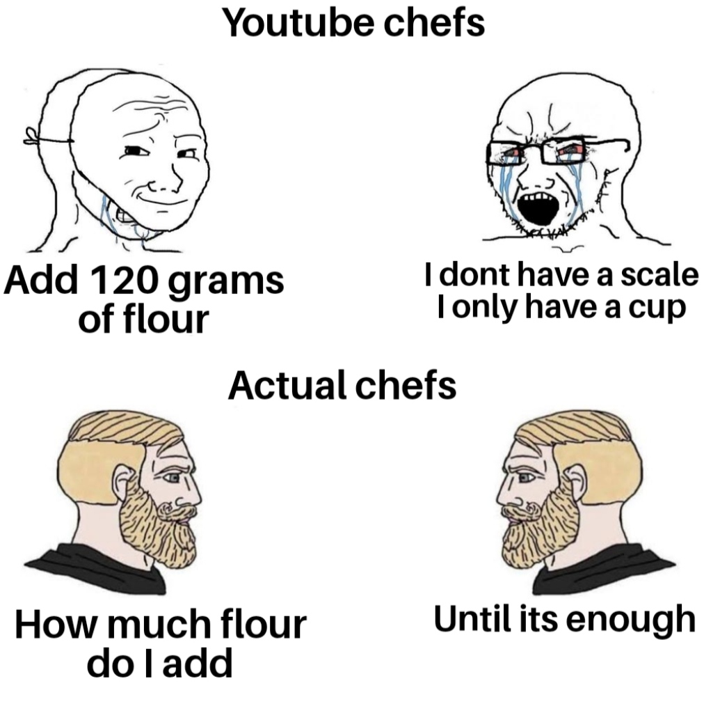 dank memes  - chad meme - Youtube chefs Add 120 grams of flour How much flour do I add I dont have a scale I only have a cup Until its enough Actual chefs