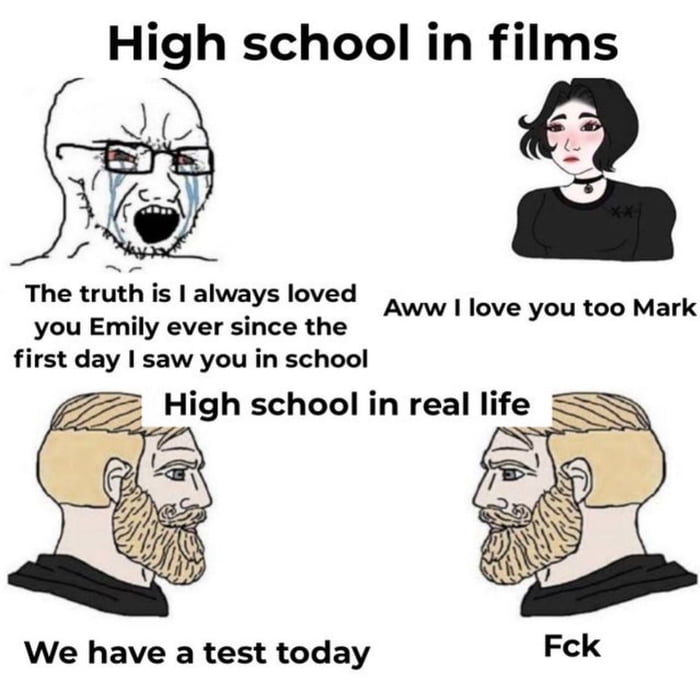dank memes - girl vs boys - High school in films The truth is I always loved Aww I love you too Mark you Emily ever since the first day I saw you in school High school in real life We have a test today Fck