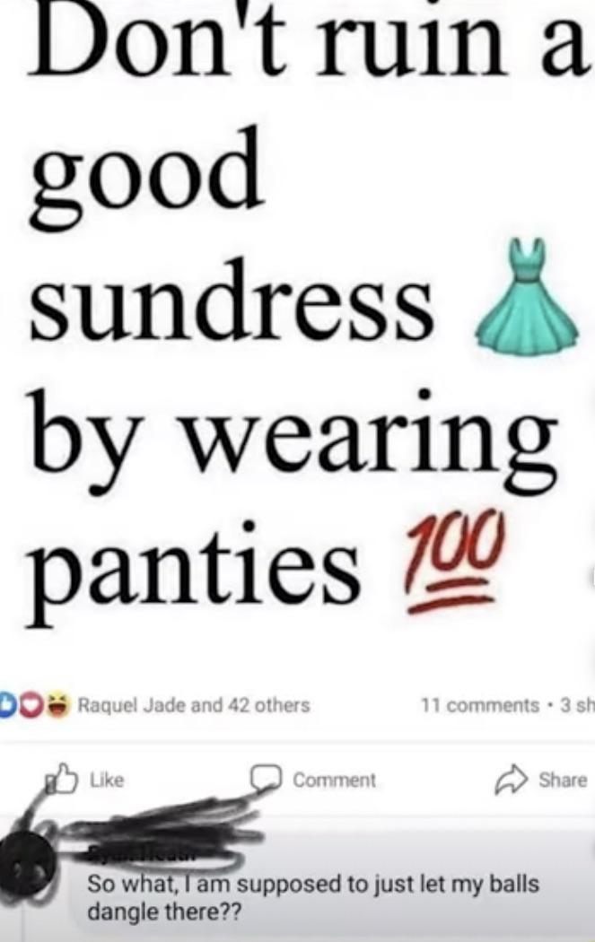 dank memes - funny memes - don t ruin a good sundress by wearing panties - Don't ruin a good sundress by wearing panties 100 Do Raquel Jade and 42 others 11 3 sh Comment So what, I am supposed to just let my balls dangle there??