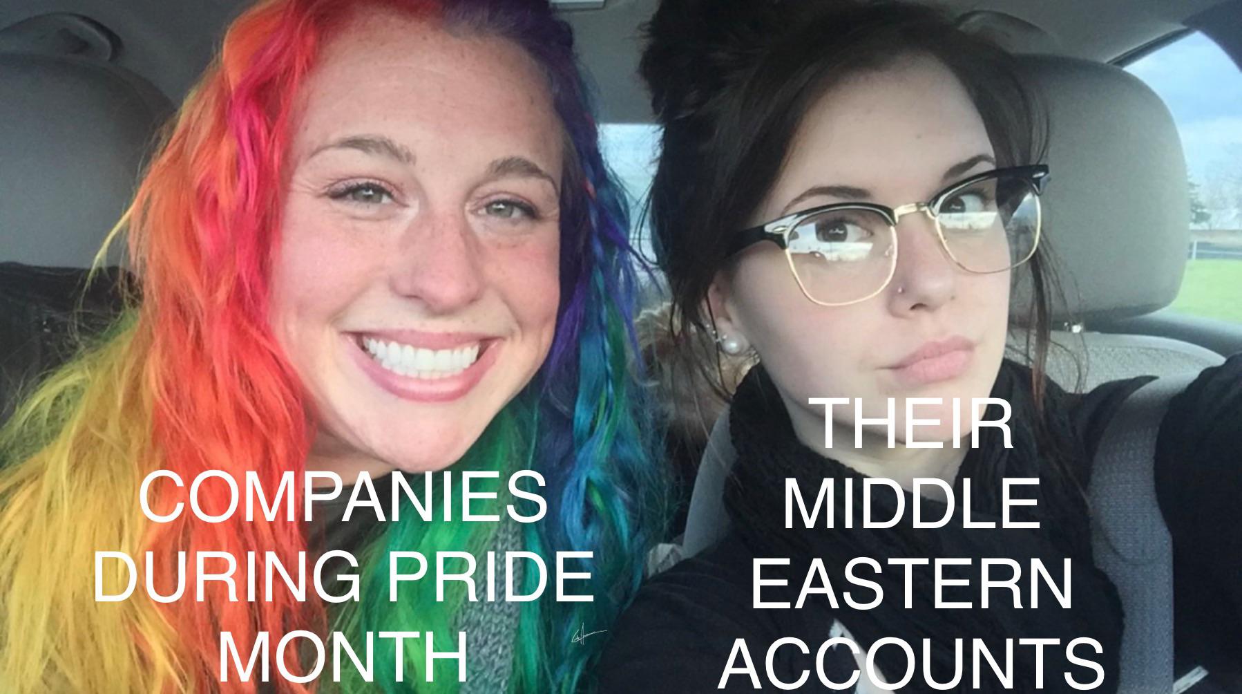 dank memes - funny memes - rainbow girl and goth girl meme template - Companies During Pride Month Their Middle Eastern Accounts