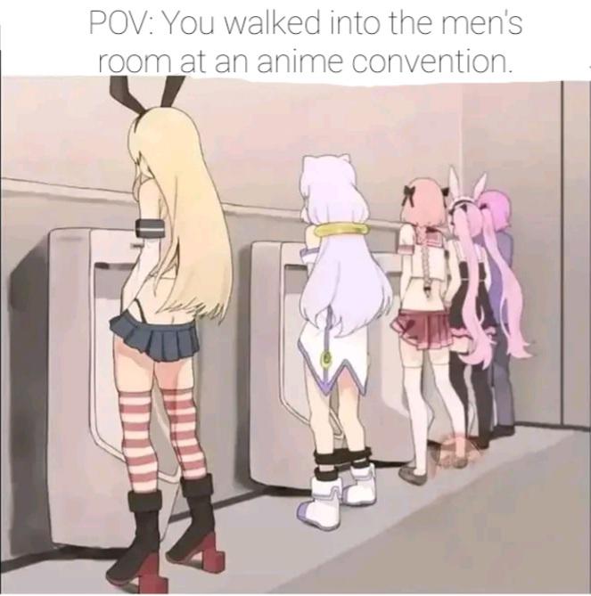 dank memes - funny memes - cartoon - Pov You walked into the men's room at an anime convention.