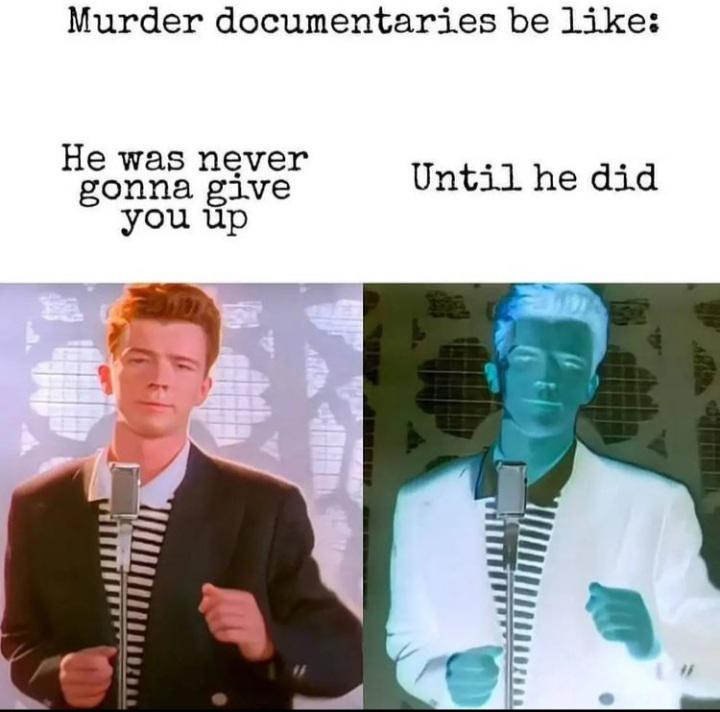 dank memes - rick roll meme - Murder documentaries be He was never gonna give you up Until he did