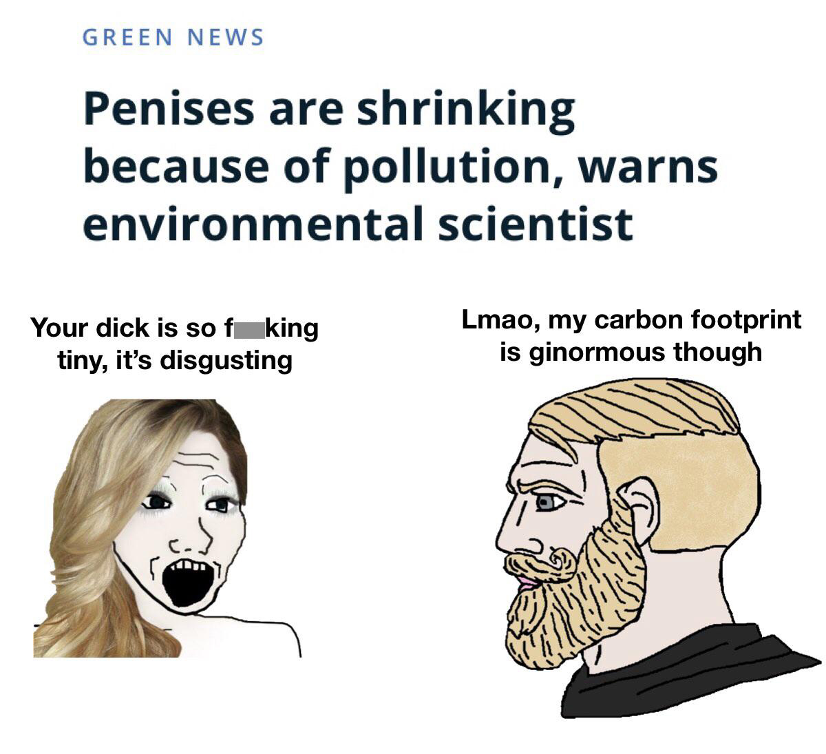 dank memes - christian yes chad - Green News Penises are shrinking because of pollution, warns environmental scientist Your dick is so f king tiny, it's disgusting Lmao, my carbon footprint is ginormous though