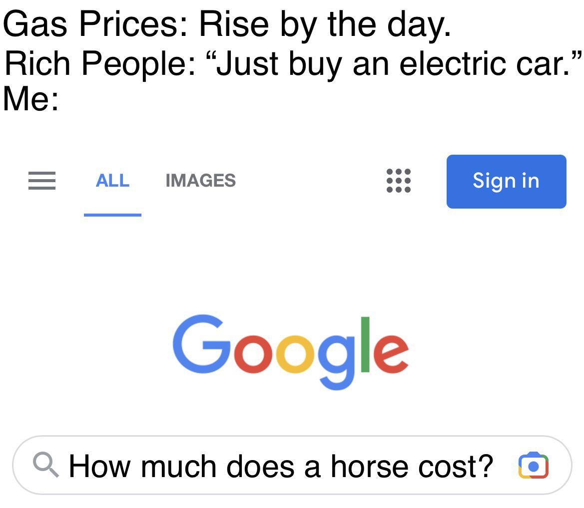 dank memes - can find happiness - Gas Prices Rise by the day. Rich People "Just buy an electric car." Me All Images Sign in Google How much does a horse cost?