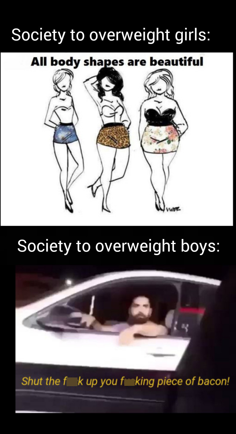 dank memes - funny memes - cartoon - Society to overweight girls All body shapes are beautiful Vive Society to overweight boys Shut the f k up you f king piece of bacon!
