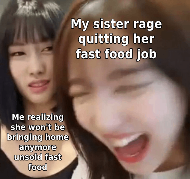dank memes - funny memes - photo caption - Me realizing she won't be bringing home anymore unsold fast food My sister rage quitting her fast food job