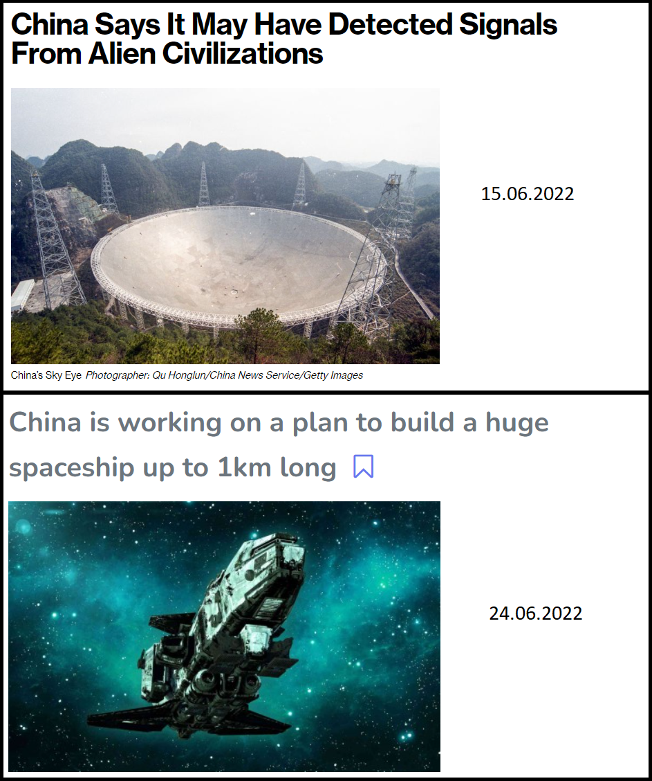dank memes - China - China Says It May Have Detected Signals From Alien Civilizations China's Sky Eye Photographer Qu HonglunChina News ServiceGetty Images 15.06.2022 China is working on a plan to build a huge spaceship up to 1km long 24.06.2022