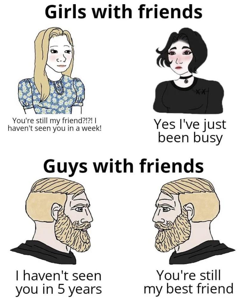 dank memes - funny memes - Girls with friends You're still my friend?!?! ! haven't seen you in a week! Yes I've just been busy Guys with friends I haven't seen you in 5 years You're still my best friend