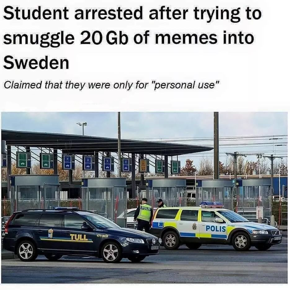 dank memes - student arrested after trying to smuggle 20 gb of memes into sweden - Student arrested after trying to smuggle 20 Gb of memes into Sweden Claimed that they were only for "personal use" Tull 4713412 Polis Polis