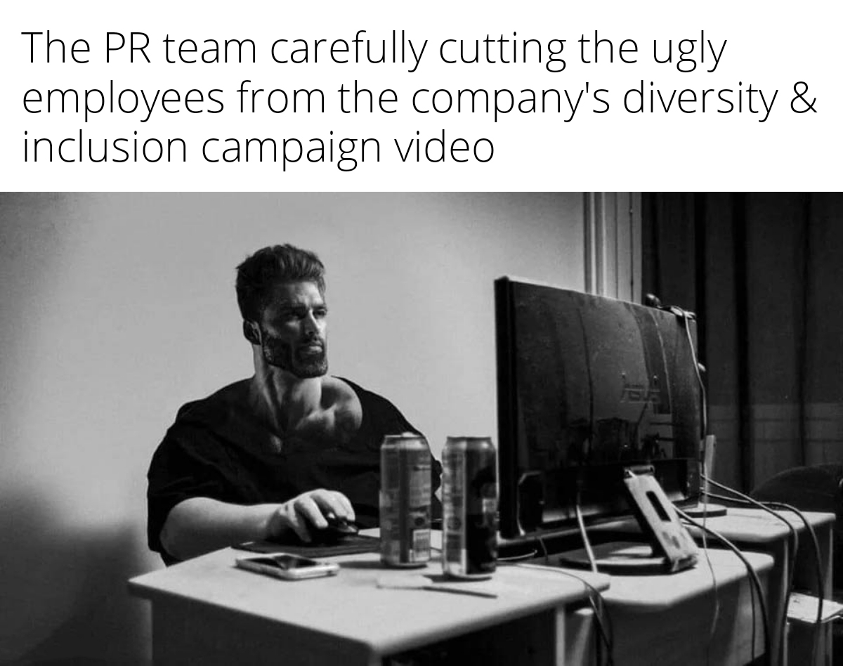 funny memes - dank memes - missing out on teenage love - The Pr team carefully cutting the ugly employees from the company's diversity & inclusion campaign video