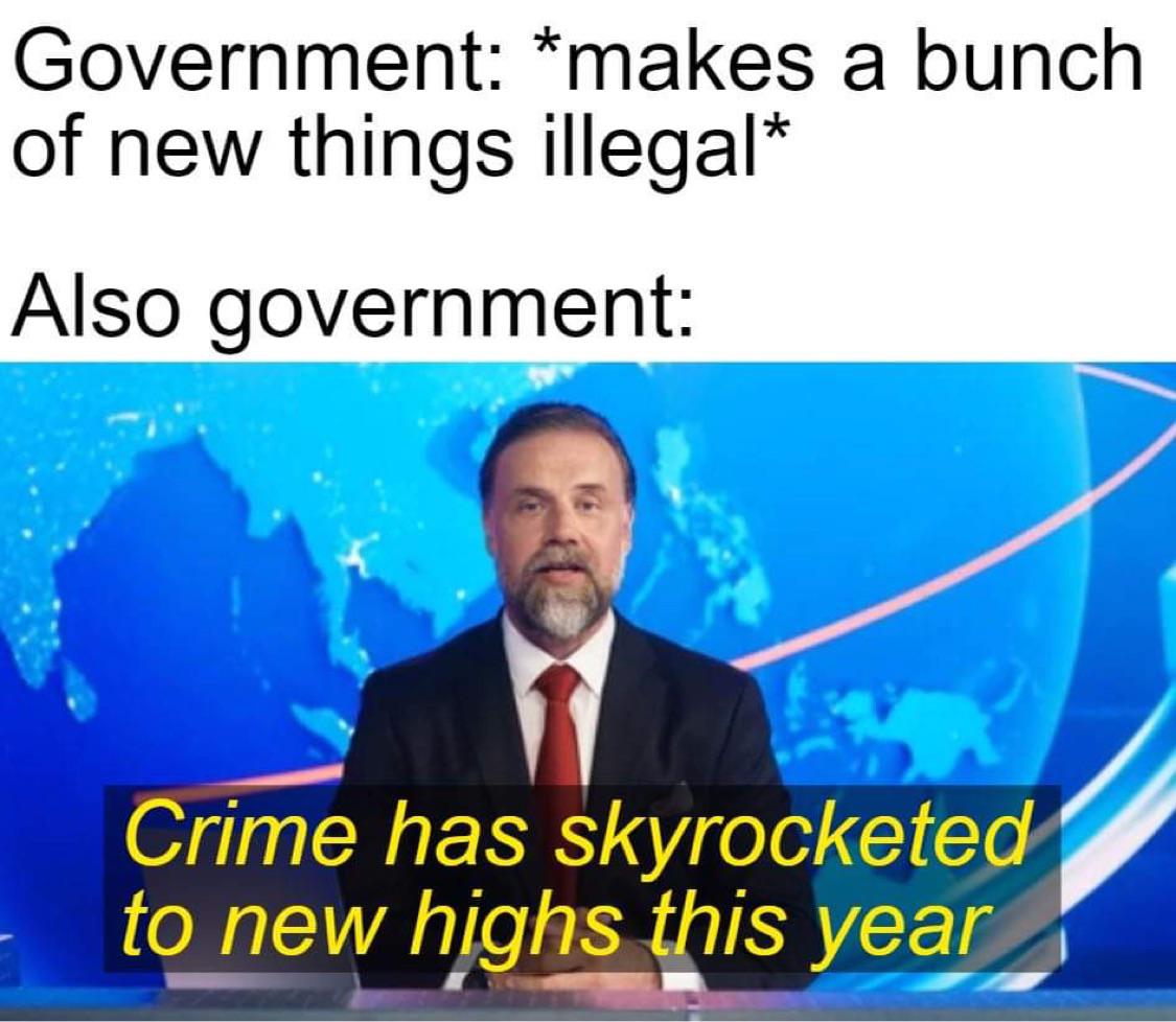 funny memes - dank memes - presentation - Government makes a bunch of new things illegal Also government Crime has skyrocketed to new highs this year