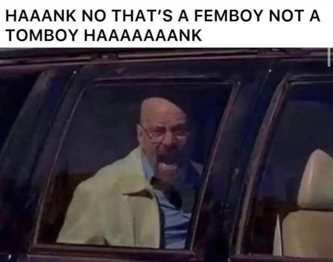 funny memes - dank memes - walter white in car meme - Haaank No That'S A Femboy Not A Tomboy Haaaaaaa