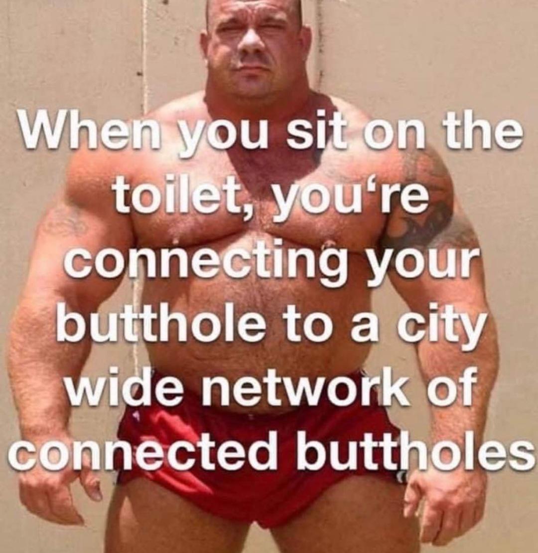 funny memes - dank memes - muscle - When you sit on the toilet, you're connecting your butthole to a city wide network of connected buttholes