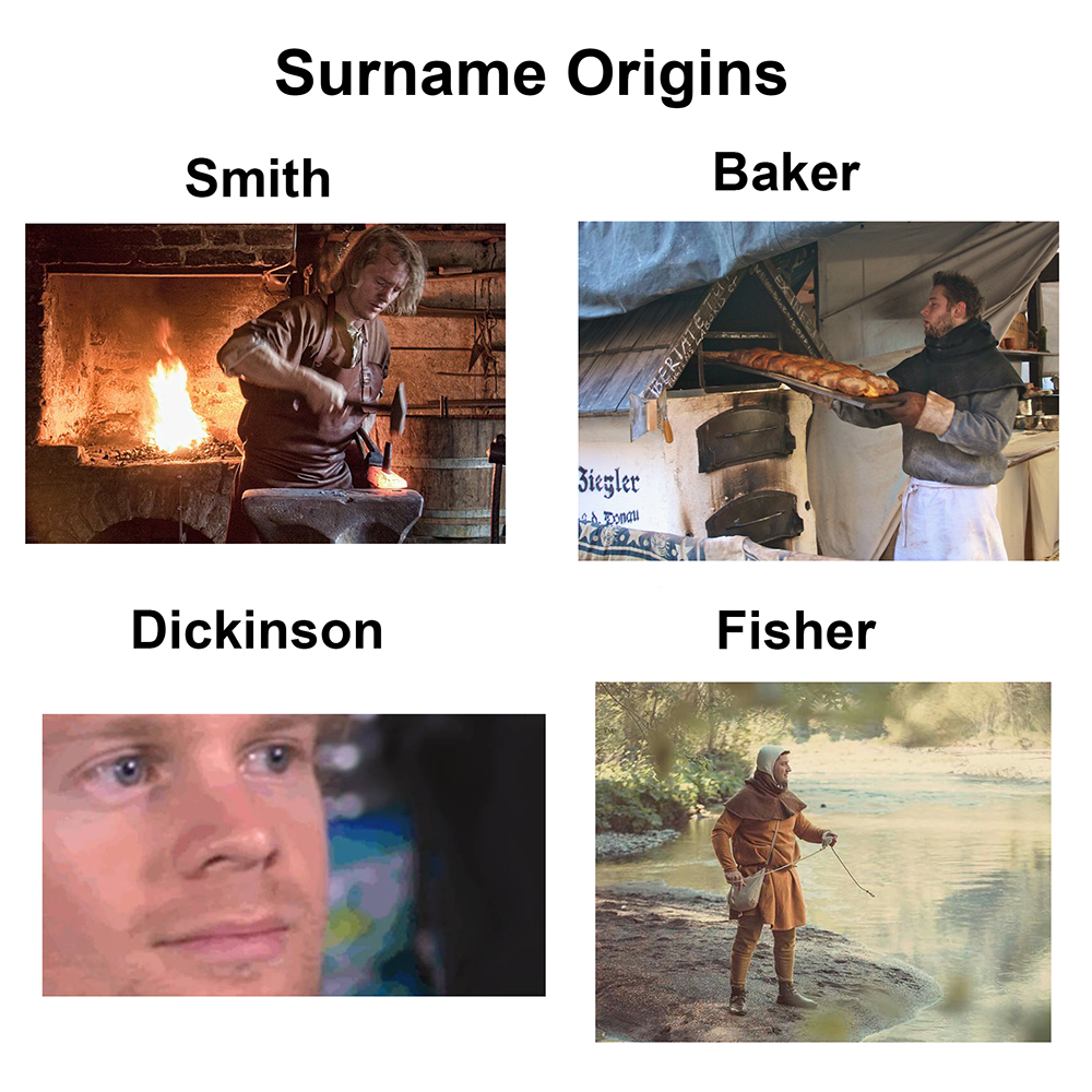 dank memes - medieval blacksmith - Surname Origins Smith Dickinson Ziegler To 44 Baker Fisher
