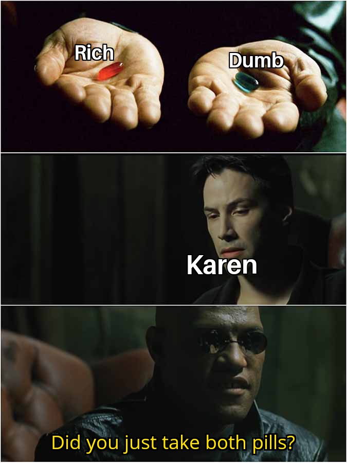 dank memes - funny memes - phd memes - Rich Dumb Karen Did you just take both pills?