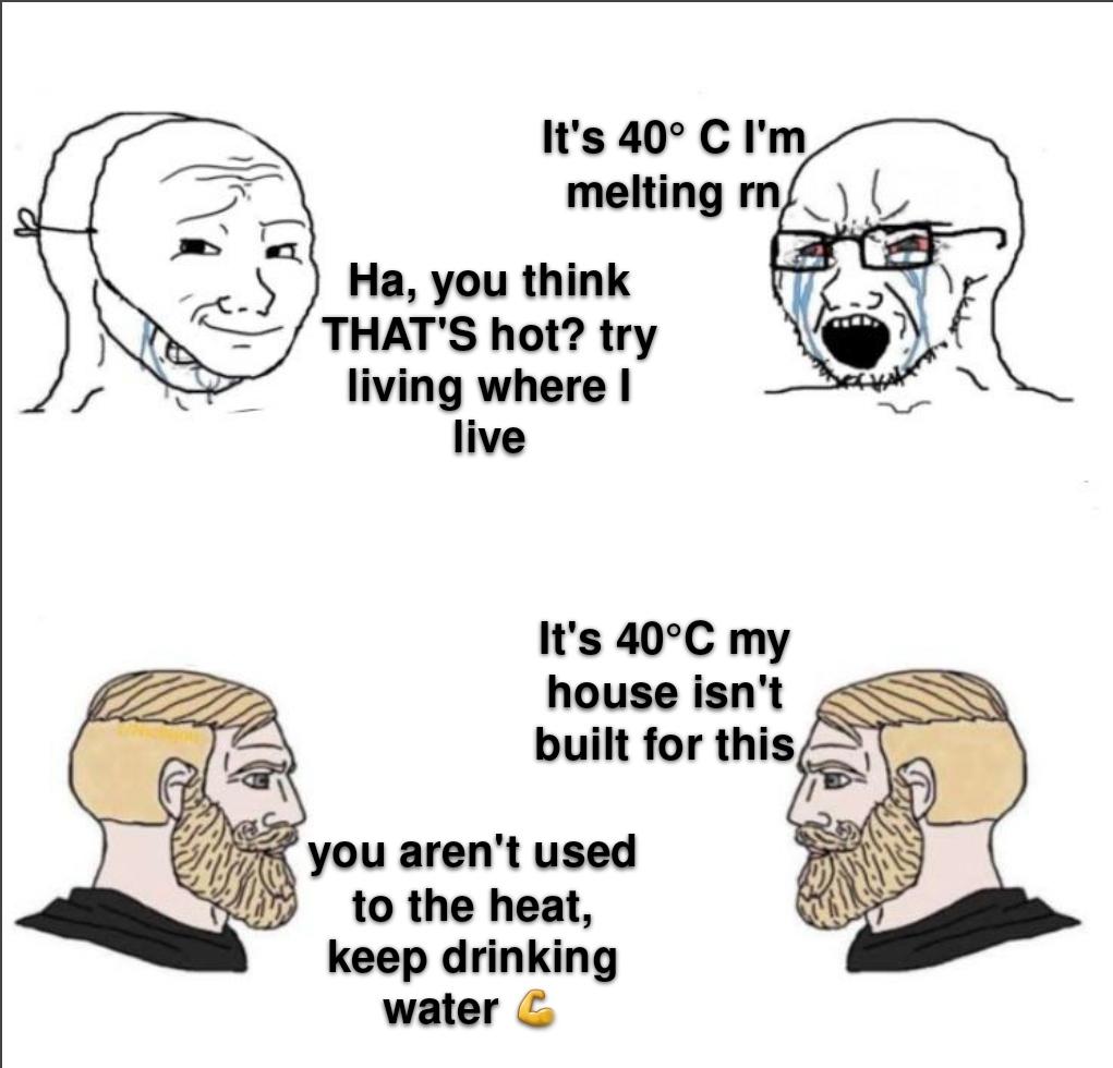 dank memes - funny memes - cartoon - It's 40 C I'm. melting rn Ha, you think That'S hot? try living where I live It's 40C my house isn't built for this you aren't used to the heat, keep drinking water C
