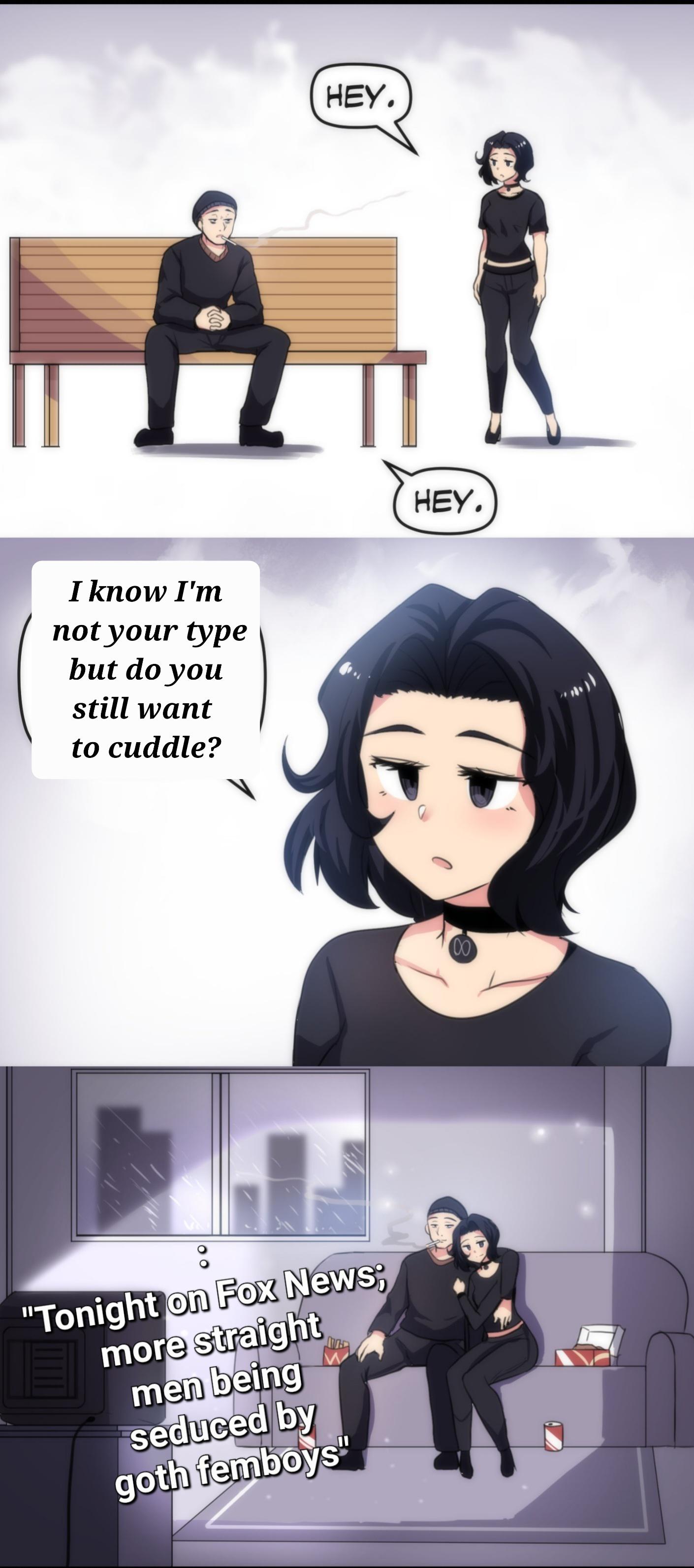 dank memes - funny memes - cartoon - un I know I'm not your type but do you still want to cuddle? Hey. "Tonight on Fox News; more straight men being seduced by goth femboys" Hey. 00