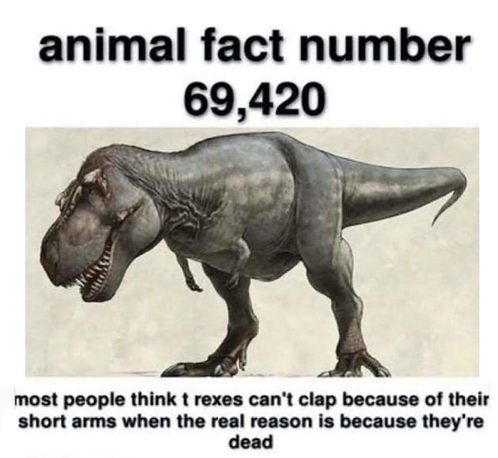 funny memes - t rex - animal fact number 69,420 most people think t rexes can't clap because of their short arms when the real reason is because they're dead