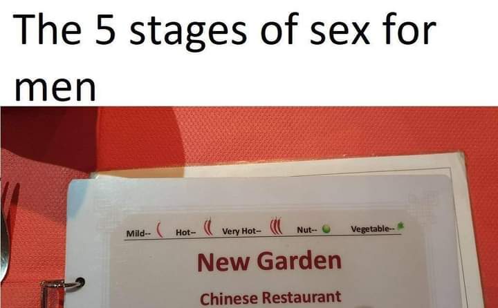dank memes - funny memes - stages of sex meme - The 5 stages of sex for men Mild Hot Very Hot Nut New Garden Chinese Restaurant Vegetable.