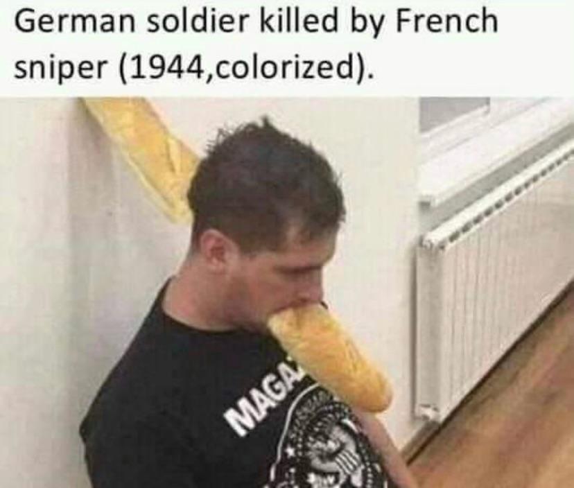 funny memes - man killed by baguette - German soldier killed by French sniper 1944,colorized. Maga