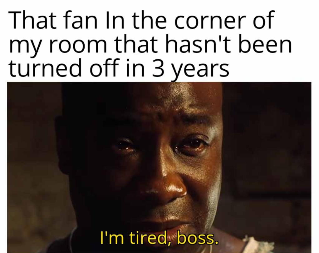 funny memes - photo caption - That fan In the corner of my room that hasn't been turned off in 3 years I'm tired, boss.