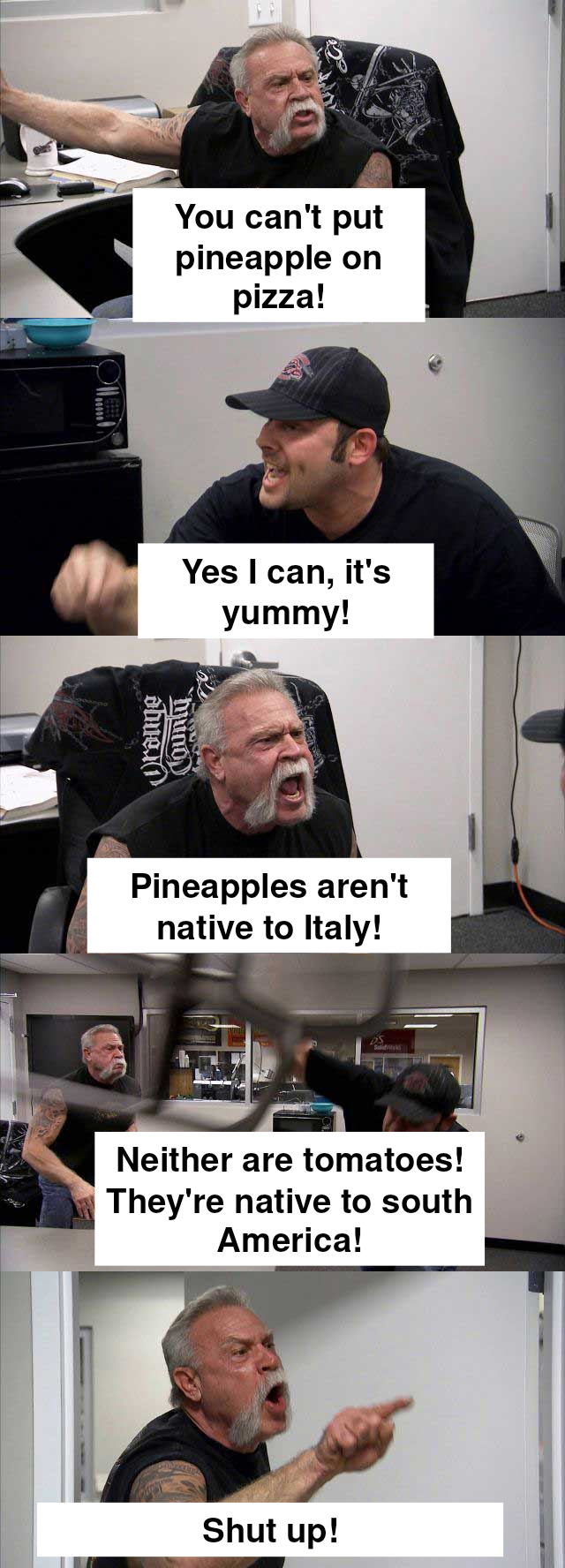 dank memes - angle - abue. You can't put pineapple on pizza! Yes I can, yummy! County it's Pineapples aren't native to Italy! Shut up! Da Neither are tomatoes! They're native to south America!