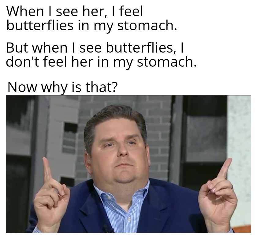 dank memes - photo caption - When I see her, I feel butterflies in my stomach. But when I see butterflies, I don't feel her in my stomach. Now why is that?