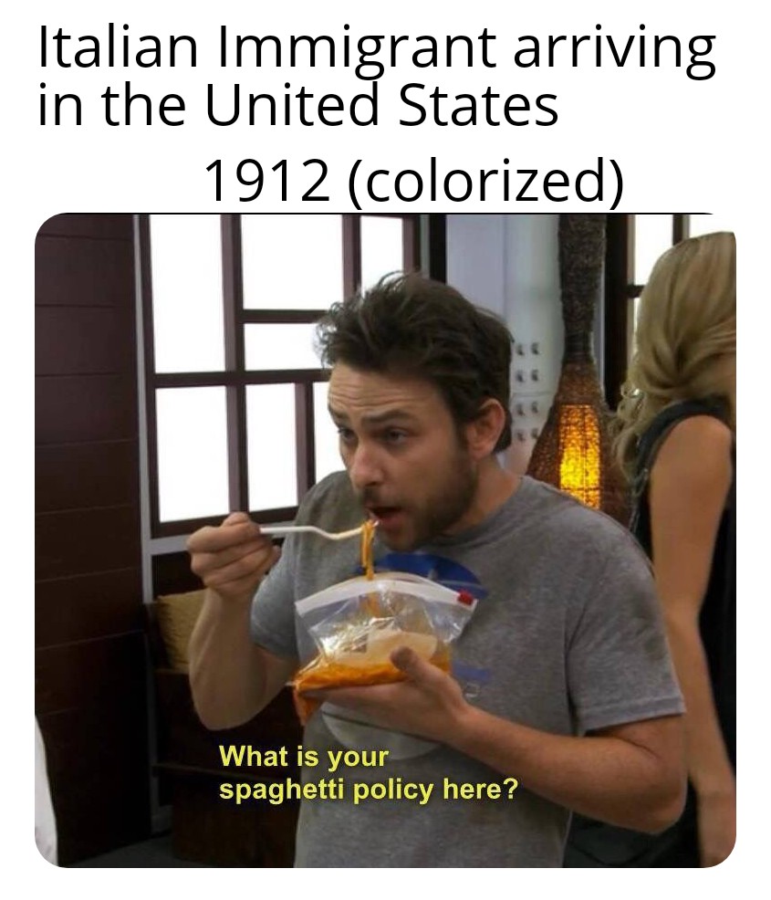 funny memes - photo caption - Italian Immigrant arriving in the United States 1912 colorized What is your spaghetti policy here?