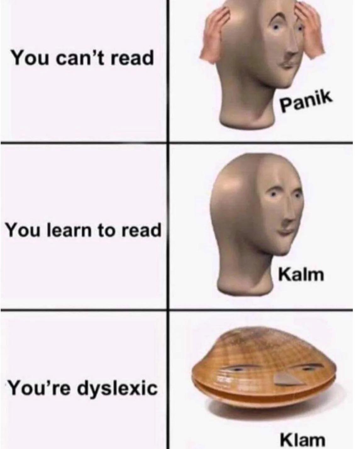funny memes - dyslexia memes - You can't read You learn to read You're dyslexic Panik Kalm Klam