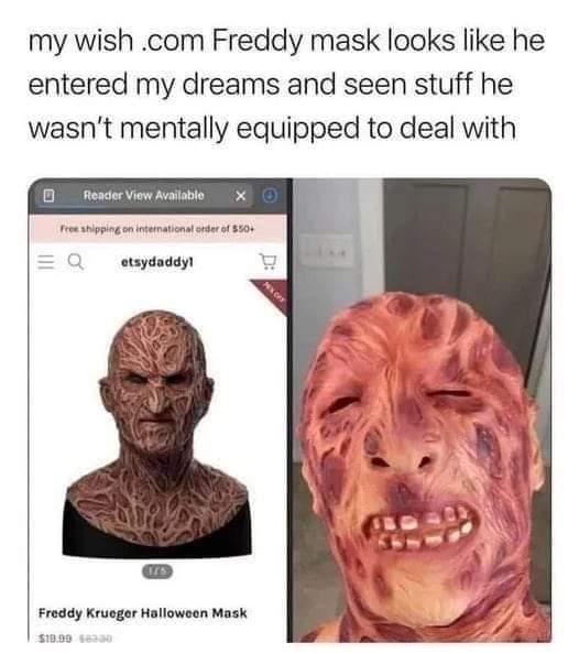 funny memes - wish com meme - my wish .com Freddy mask looks he entered my dreams and seen stuff he wasn't mentally equipped to deal with Reader View Available Free shipping on international order of $50 Eq etsydaddyl Trs Freddy Krueger Halloween Mask $18