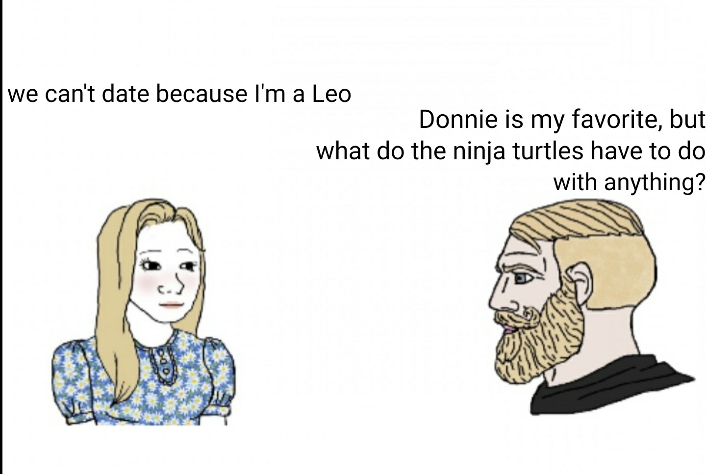 funny memes - cartoon - we can't date because I'm a Leo Donnie is my favorite, but what do the ninja turtles have to do with anything?