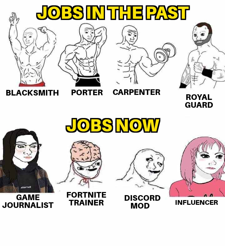 dank memes and pics - people - Jobs In The Past Blacksmith Porter Carpenter Jobs Now Game Fortnite Journalist Trainer Discord Mod Royal Guard Influencer
