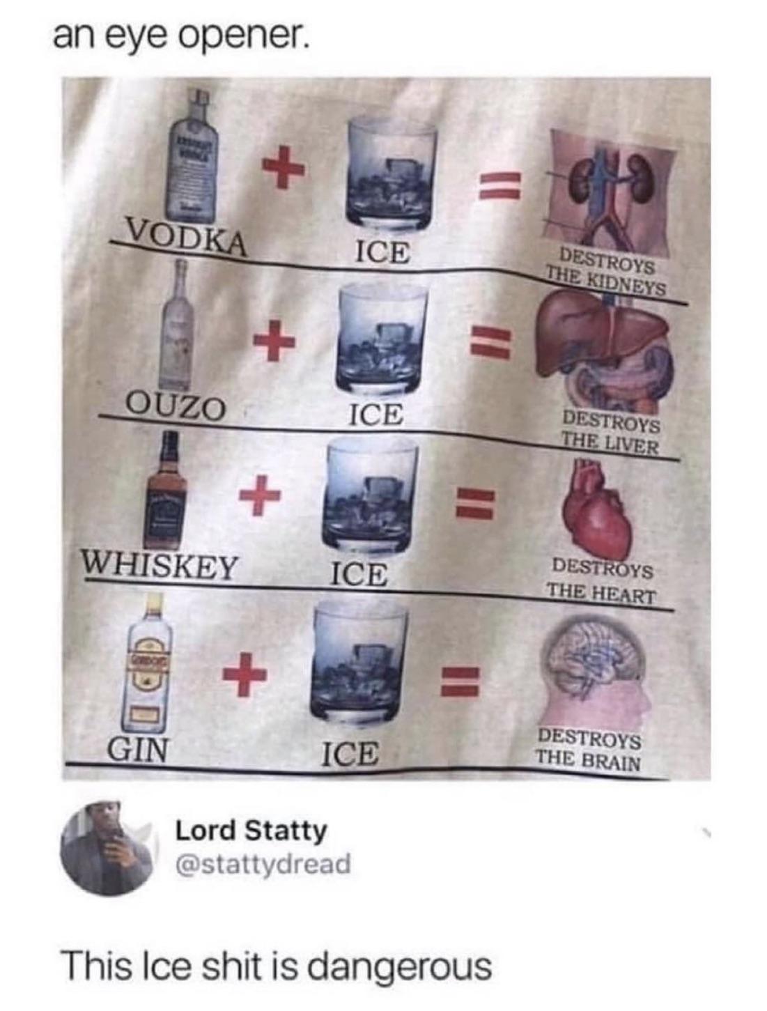ice is dangerous meme - an eye opener. Vodka Ouzo Whiskey Gin Ice Ice Ice Ice Lord Statty This Ice shit is dangerous els Destroys The Kidneys Destroys The Liver Destroys The Heart Destroys The Brain