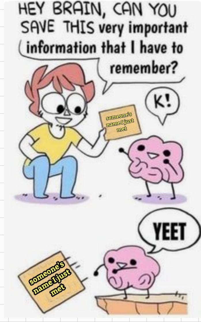 dank memes - - - Hey Brain, Can You Save This very important information that I have to remember? someone's name I just met someone's name I just met K! Yeet