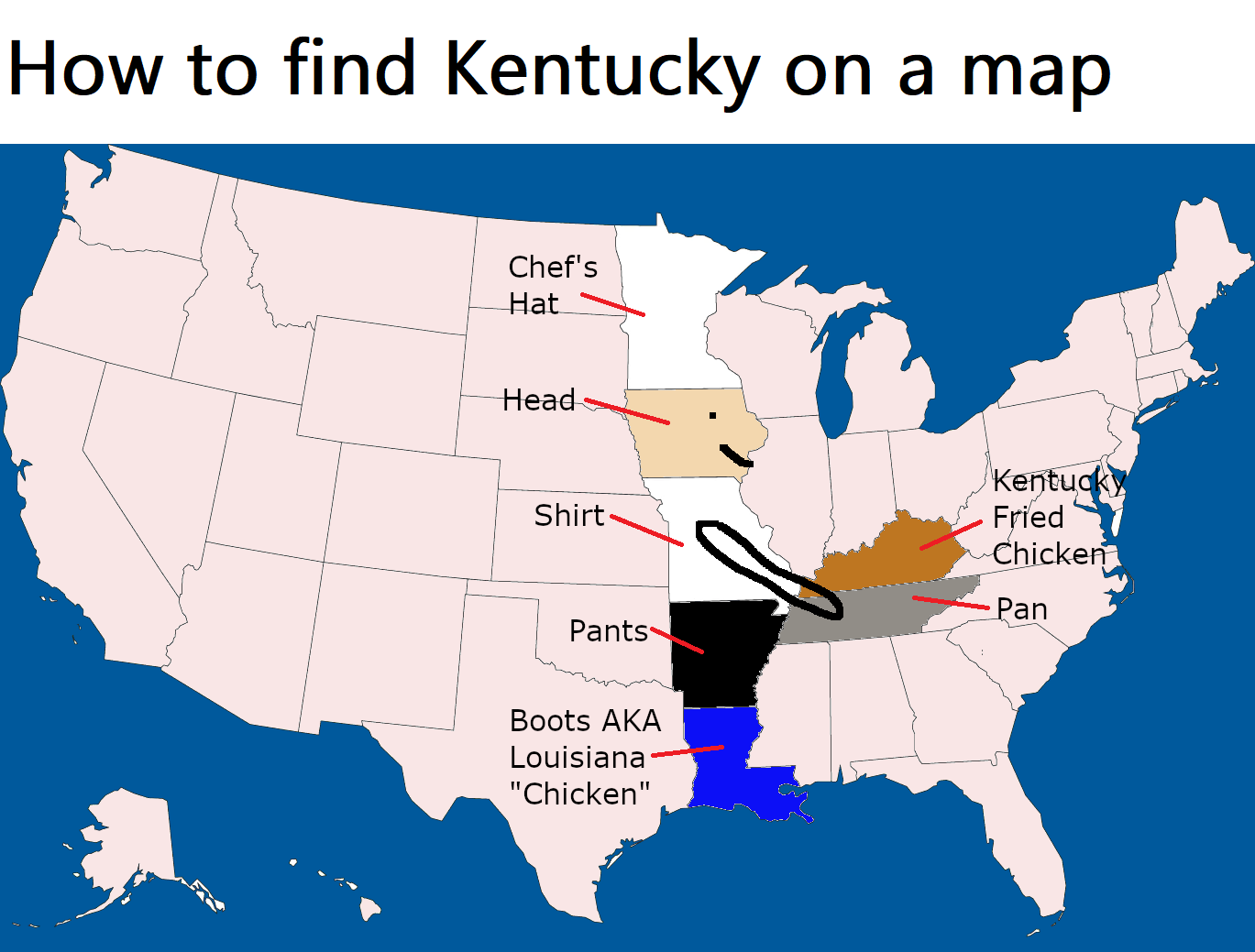 monday morning randomness - united states map black and white - How to find Kentucky on a map Chef's Hat Head Shirt Pants Boots Aka Louisiana "Chicken" Kentucky Fried Chicken Pan