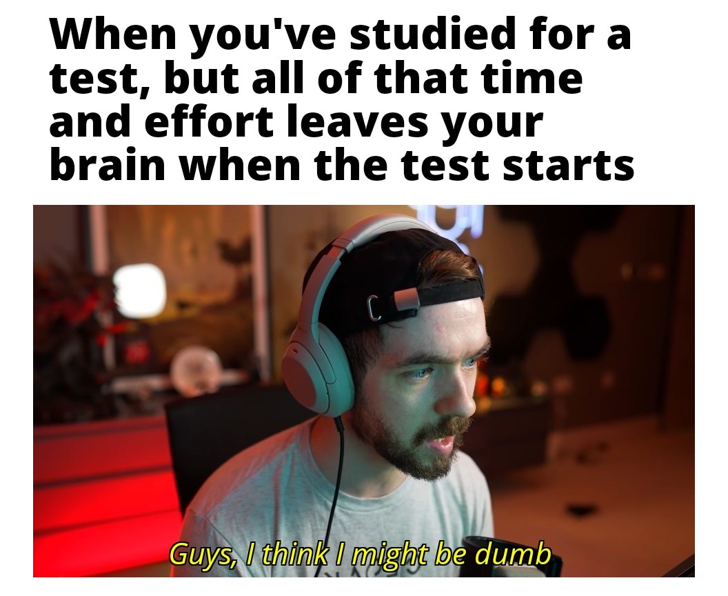 funny memes  - photo caption - When you've studied for a test, but all of that time and effort leaves your brain when the test starts C Guys, I think I might be dumb