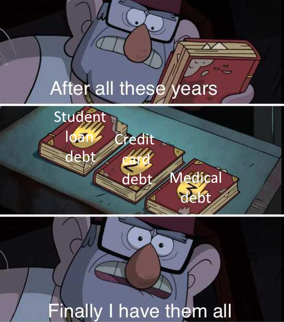 daily dose of pics - gravity falls finally i have them all meme template - After all these years Student loar Credit debt dard debt Medical debt Finally I have them all