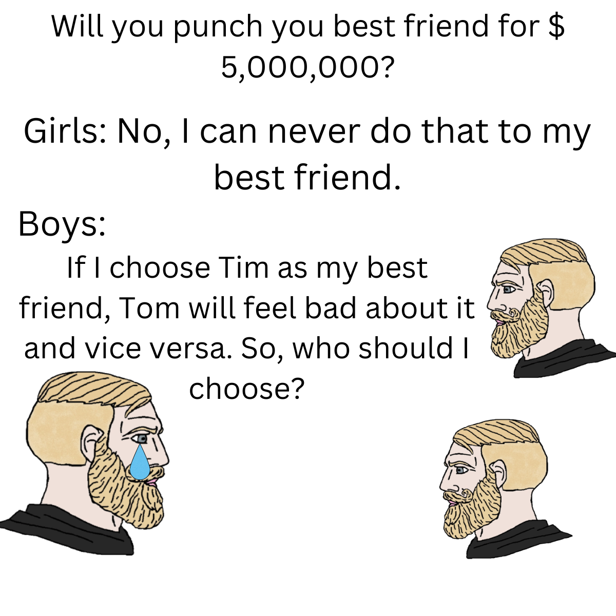 daily dose of pics - cartoon - Will you punch you best friend for $ 5,000,000? Girls No, I can never do that to my best friend. Boys If I choose Tim as my best friend, Tom will feel bad about it and vice versa. So, who should I choose?