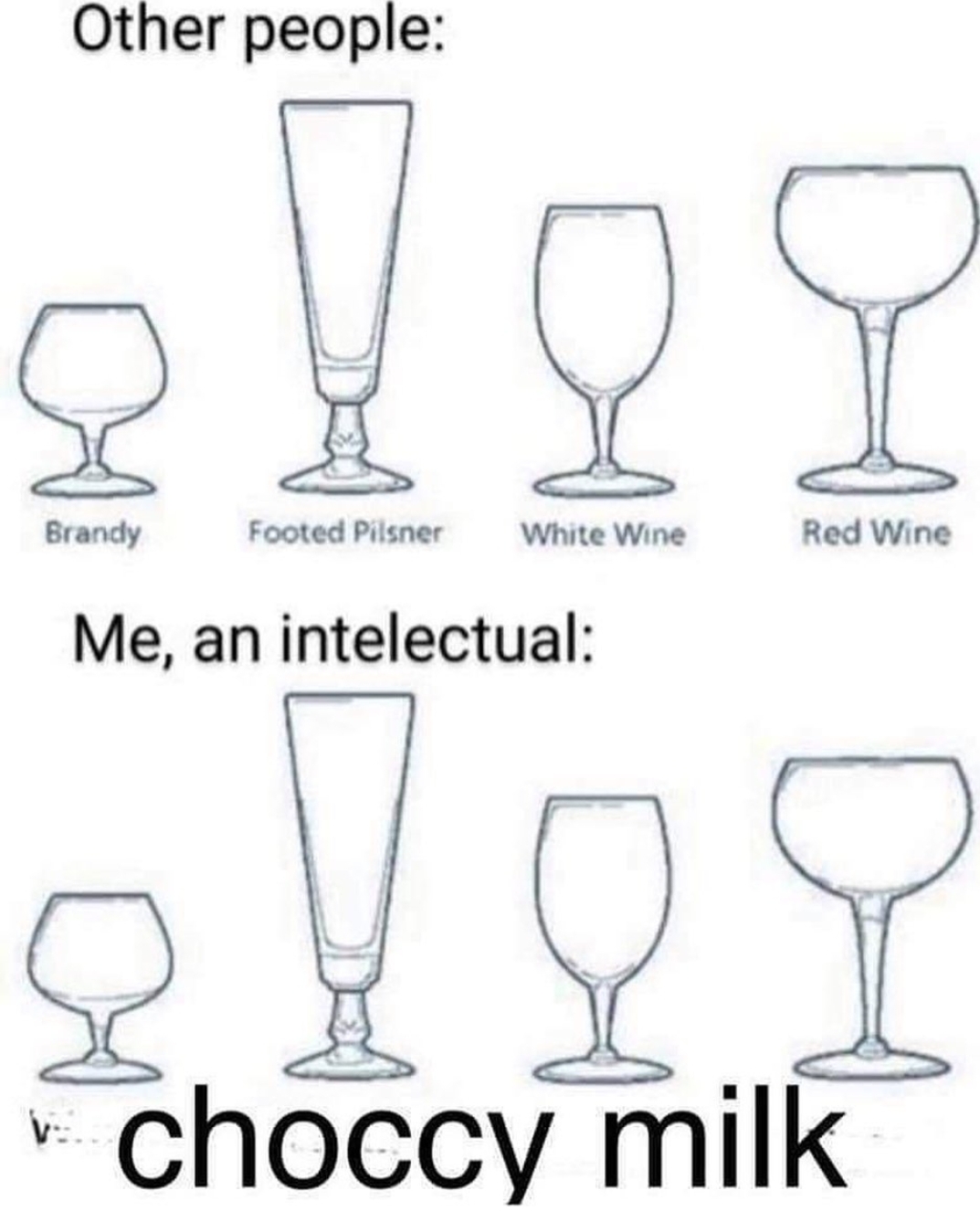 monday morning randomness - white wine vs red wine meme - Other people Brandy C D Ve. Footed Pilsner White Wine Me, an intelectual Red Wine 198 choccy milk